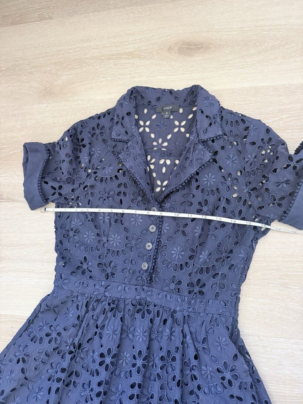 J Crew Embroidered Eyelet Navy Midi Dress Sz 2 1940s Retro Pockets Lucy Pinup - Picture 8 of 16